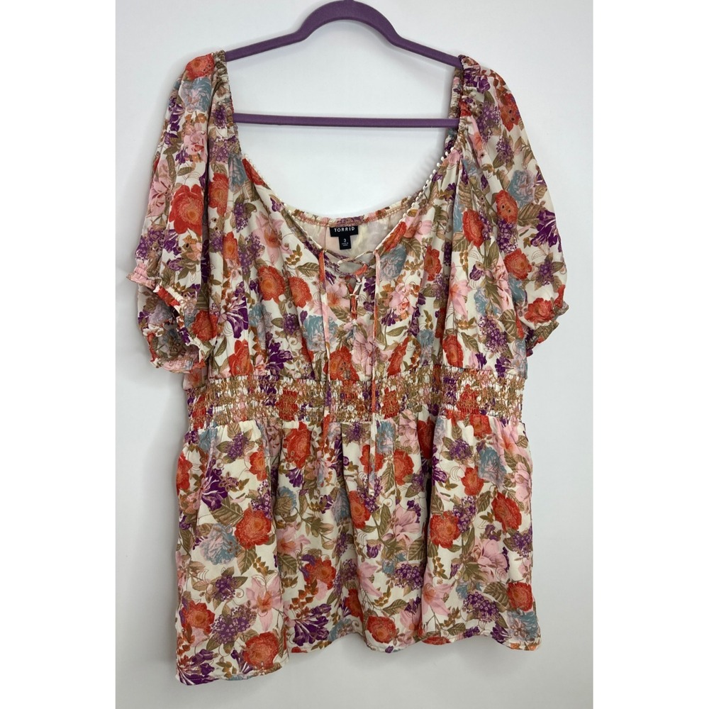 Torrid Georgette Eyelet Smocked Waist Puff Sleeve Top Plus Size 3X Peasant Boho - Picture 12 of 13